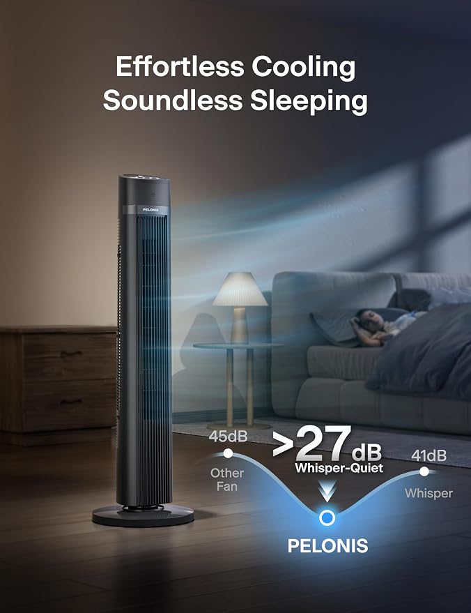 40 inch Bladeless Tower Fan for Bedroom, Standing Fan with Remote Control, 26ft/s, 90° Oscillation, 3 Speed Settings, 27 Db