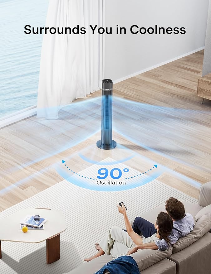 40 inch Bladeless Tower Fan for Bedroom, Standing Fan with Remote Control, 26ft/s, 90° Oscillation, 3 Speed Settings, 27 Db