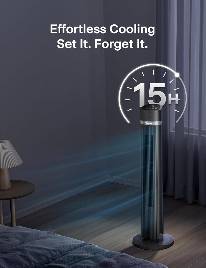 40 inch Bladeless Tower Fan for Bedroom, Standing Fan with Remote Control, 26ft/s, 90° Oscillation, 3 Speed Settings, 27 Db