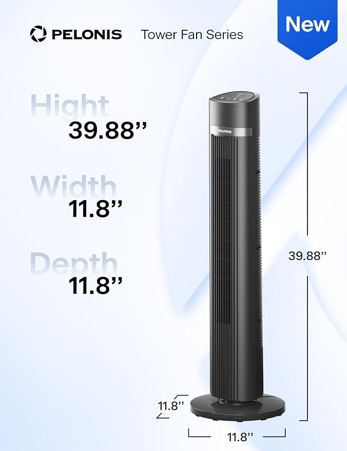 40 inch Bladeless Tower Fan for Bedroom, Standing Fan with Remote Control, 26ft/s, 90° Oscillation, 3 Speed Settings, 27 Db