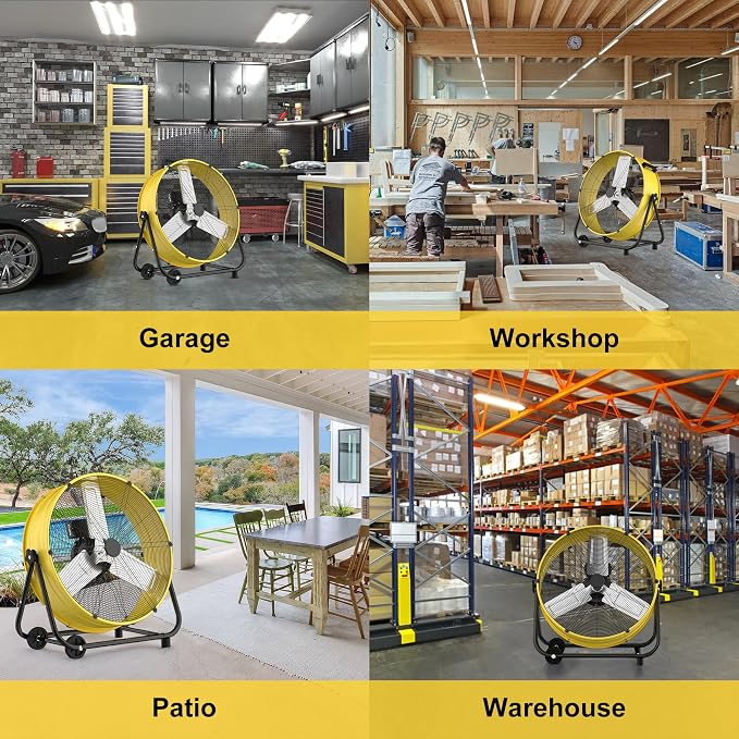 40 Inch High Velocity Floor Fan, 24800CFM Heavy Duty Industrial Drum Fan with 3 Speeds, 360° Tilt Metal Garage Fan with