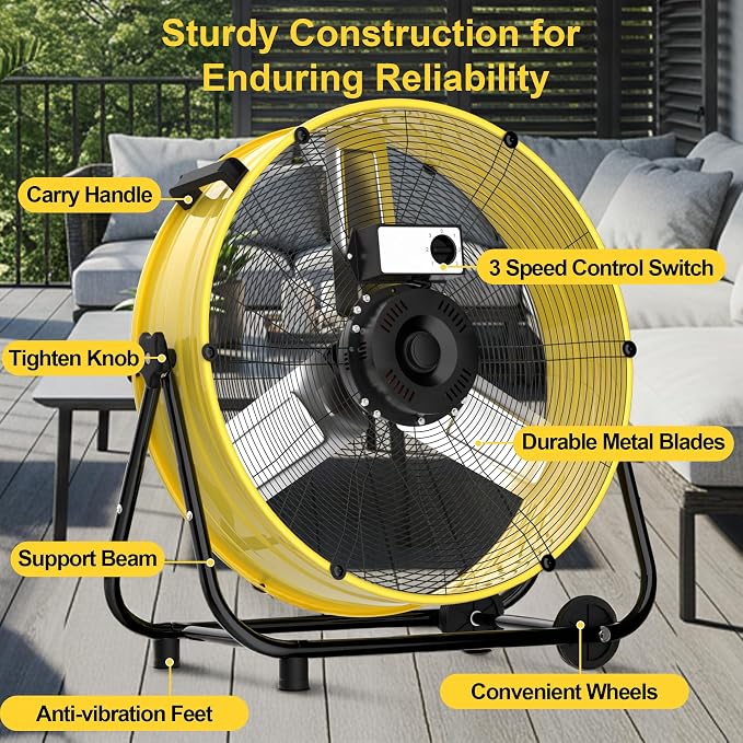 40 Inch High Velocity Floor Fan, 24800CFM Heavy Duty Industrial Drum Fan with 3 Speeds, 360° Tilt Metal Garage Fan with