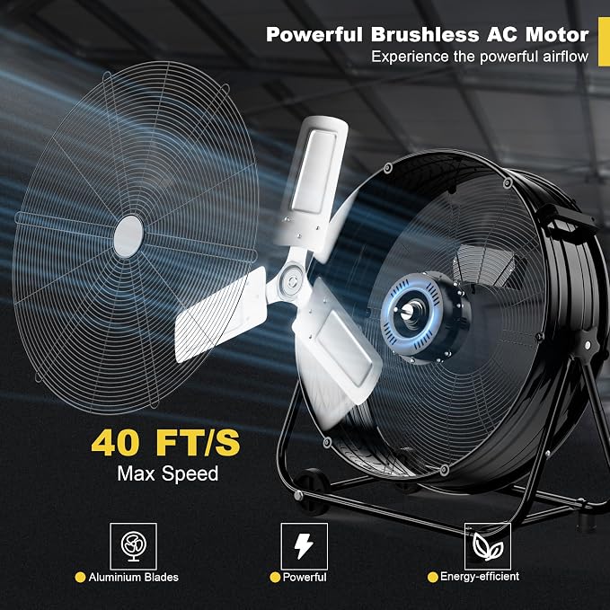 40 Inch High Velocity Industrial Floor Fan with Metal Construction, 24800CFM Heavy Duty Drum Fan for Garage Shop Warehouse