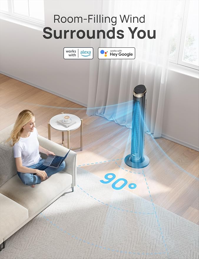 40'' WiFi Tower Fan, 26ft/s High-Speed Cooling, Quiet Floor Fan with Remote, 90° Oscillating Fan, 4 Modes, 12H Timer, Touch