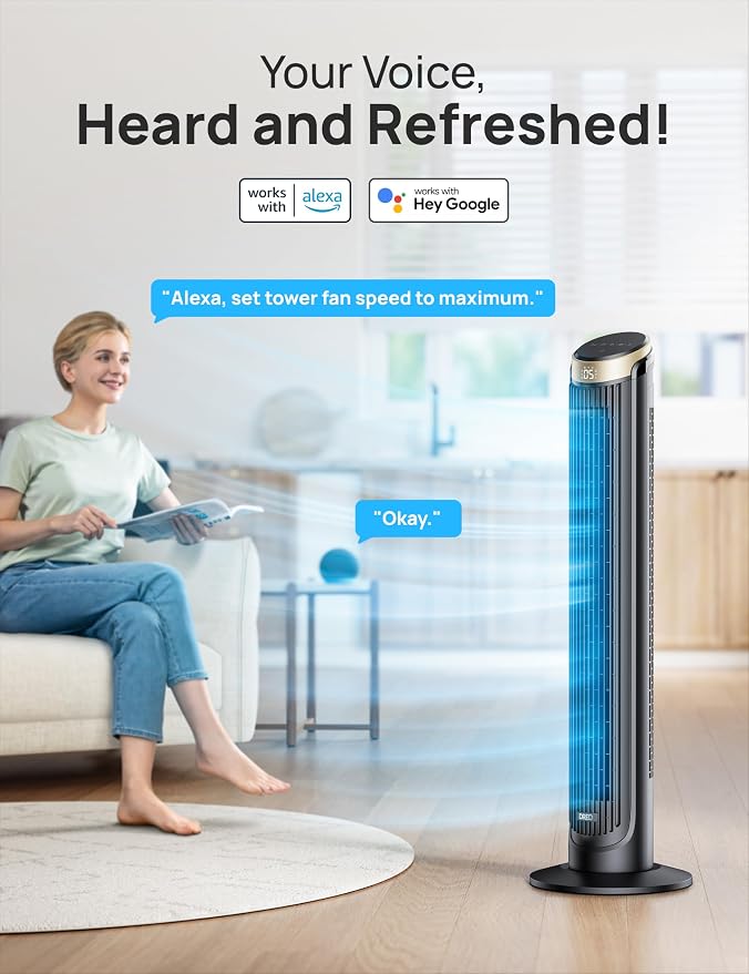 40'' WiFi Tower Fan, 26ft/s High-Speed Cooling, Quiet Floor Fan with Remote, 90° Oscillating Fan, 4 Modes, 12H Timer, Touch