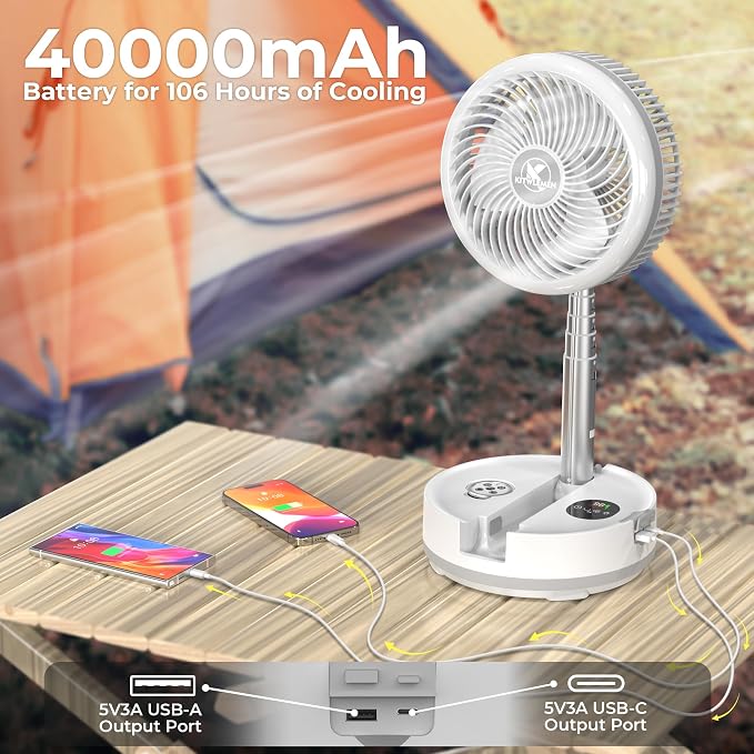 40000mAh Battery Operated Camping Fan - 106Hrs Rechargeable Oscillating Table Fan with Light & Timer, 9 Speeds Portable