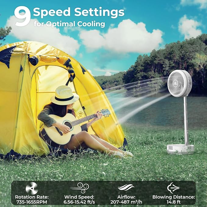 40000mAh Battery Operated Camping Fan - 106Hrs Rechargeable Oscillating Table Fan with Light & Timer, 9 Speeds Portable