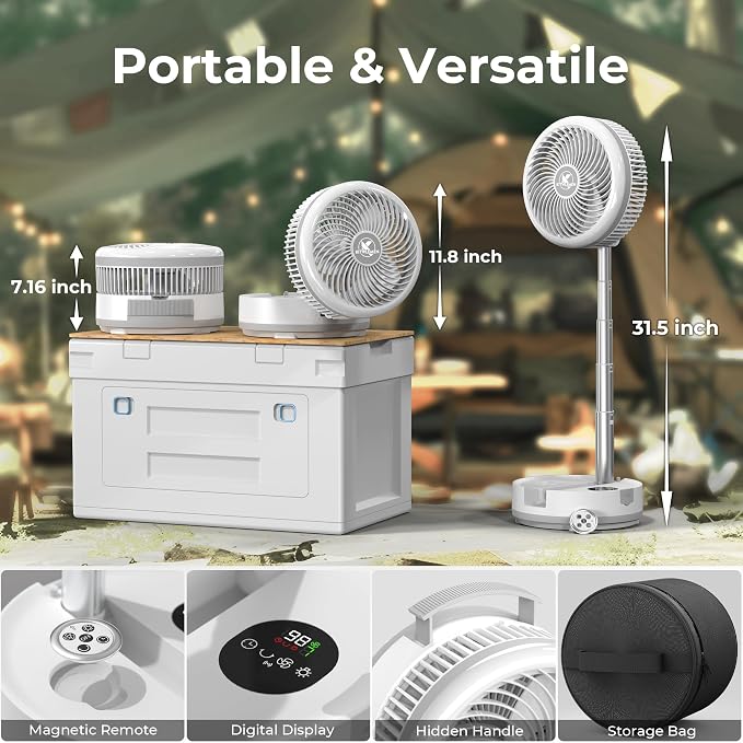 40000mAh Battery Operated Camping Fan - 106Hrs Rechargeable Oscillating Table Fan with Light & Timer, 9 Speeds Portable