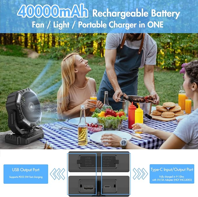 40000mAh Battery Powered Camping Fan - 136H Max Cooling, Rechargeable Battery Operated Oscillating Floor Fan with Charger
