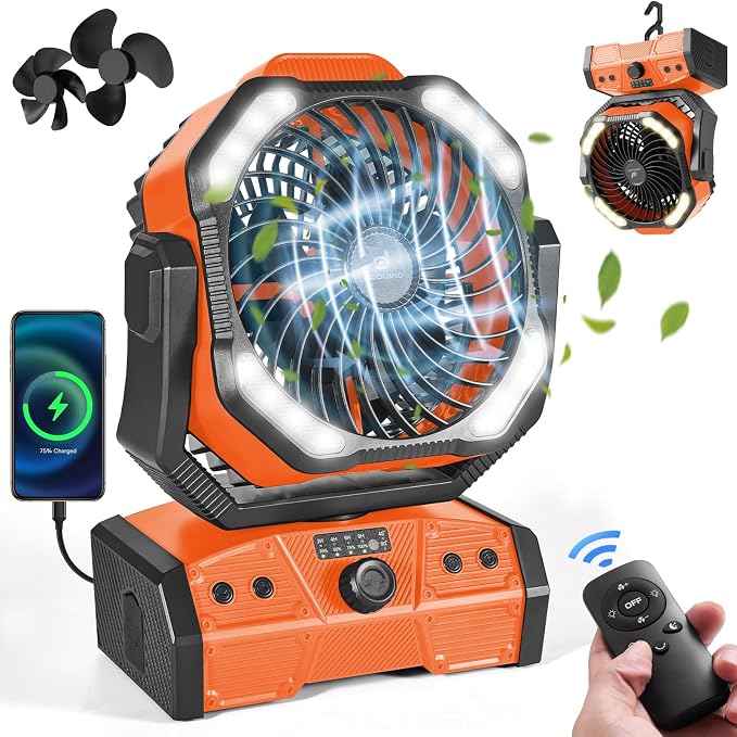 40000mAh Camping Fan with LED Light, Battery Operated Oscillating Desk Fan with Remote & Hook, Rechargeable Outdoor Tent Fan
