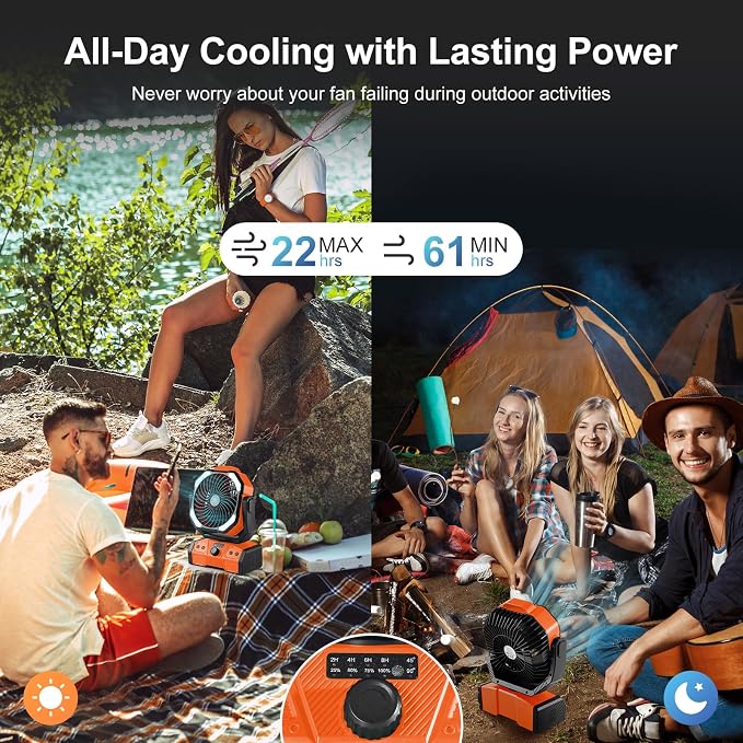 40000mAh Camping Fan with LED Light, Battery Operated Oscillating Desk Fan with Remote & Hook, Rechargeable Outdoor Tent Fan