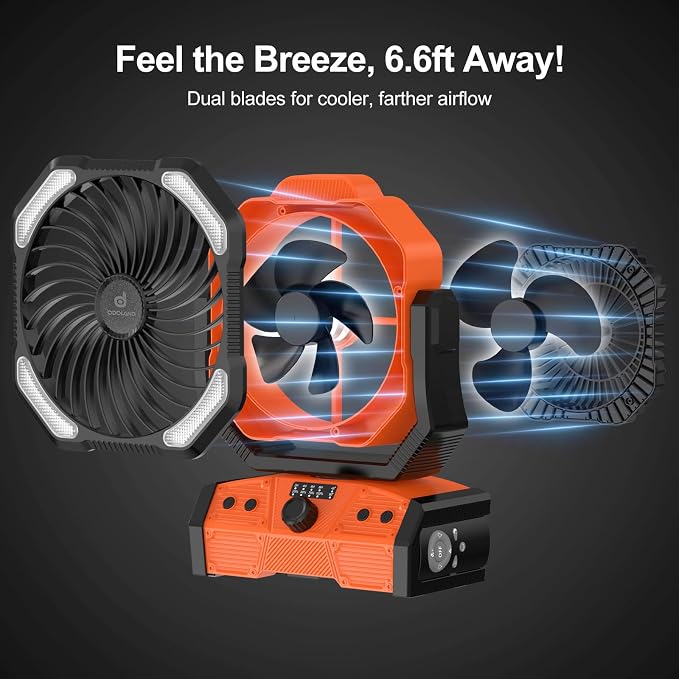 40000mAh Camping Fan with LED Light, Battery Operated Oscillating Desk Fan with Remote & Hook, Rechargeable Outdoor Tent Fan