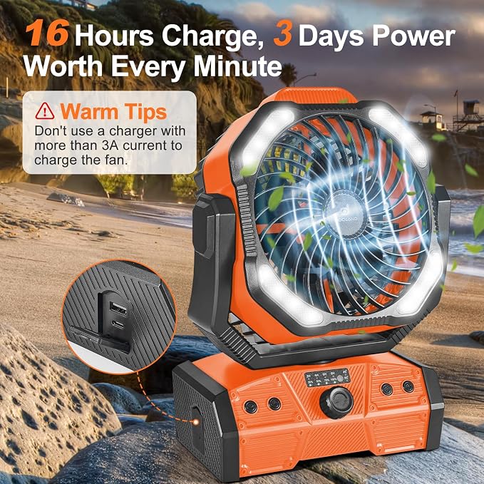 40000mAh Camping Fan with LED Light, Battery Operated Oscillating Desk Fan with Remote & Hook, Rechargeable Outdoor Tent Fan