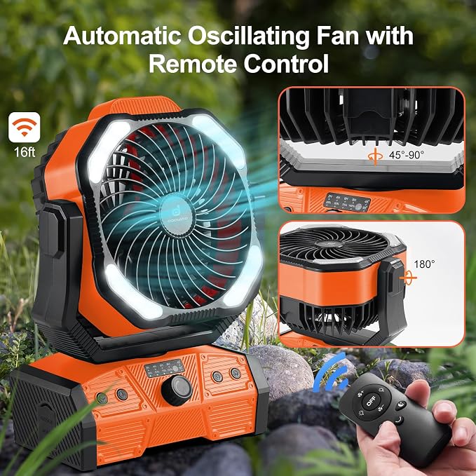 40000mAh Camping Fan with LED Light, Battery Operated Oscillating Desk Fan with Remote & Hook, Rechargeable Outdoor Tent Fan