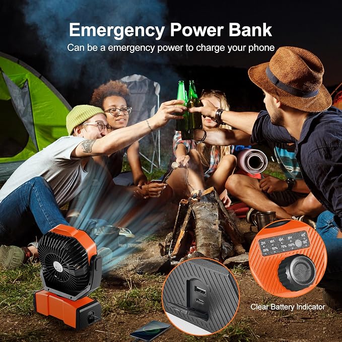 40000mAh Camping Fan with LED Light, Battery Operated Oscillating Desk Fan with Remote & Hook, Rechargeable Outdoor Tent Fan