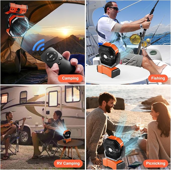 40000mAh Camping Fan with LED Light, Battery Operated Oscillating Desk Fan with Remote & Hook, Rechargeable Outdoor Tent Fan