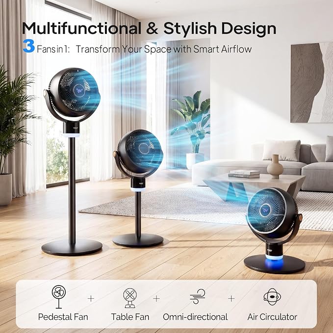 40inch Standing Fan for Bedroom, 120°+90°Omni-directional Oscillating Fan, 3-in-1 Pedestal & Tabletop Fan with 3 Speeds, 12H