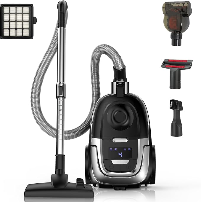 40KPa Bagless Canister Vacuum Cleaner, Powerful Suction, Lightweight, Auto Cord Rewind, HEPA Filter, Corded Vacuum for