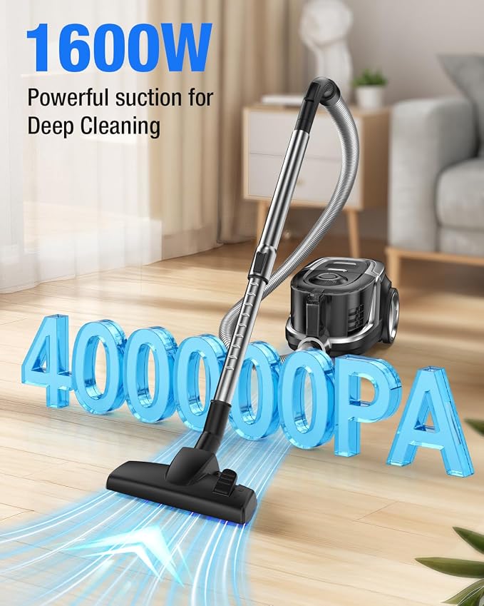 40KPa Bagless Canister Vacuum Cleaner, Powerful Suction, Lightweight, Auto Cord Rewind, HEPA Filter, Corded Vacuum for
