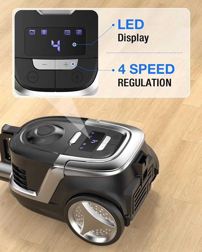 40KPa Bagless Canister Vacuum Cleaner, Powerful Suction, Lightweight, Auto Cord Rewind, HEPA Filter, Corded Vacuum for