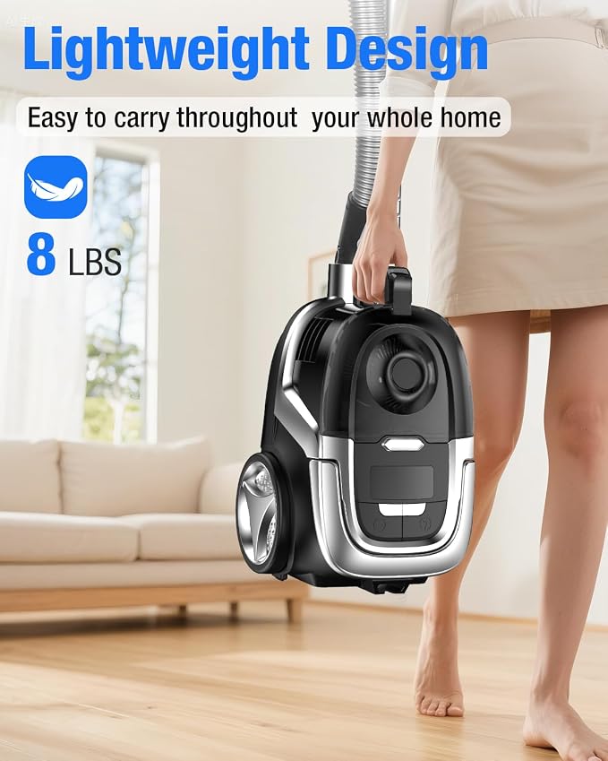 40KPa Bagless Canister Vacuum Cleaner, Powerful Suction, Lightweight, Auto Cord Rewind, HEPA Filter, Corded Vacuum for