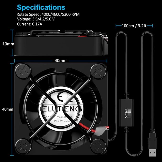40mm USB Fan with 3 Speed Control USB Ventilator 5V Max 5300RPM High Flow VR Cooling Fan Compatible for Receiver DVR