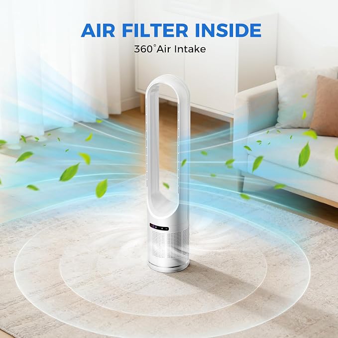 41" Bladeless Tower Fan with Built-in Air Filter, 80°Oscillating Quiet Fan for Bedroom, 8 Speeds, 8H Timer, Remote Control