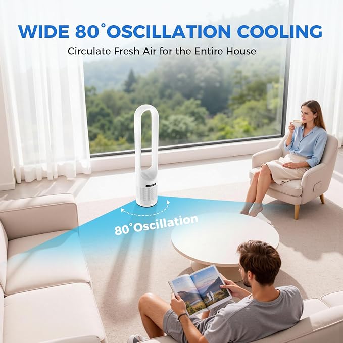 41" Bladeless Tower Fan with Built-in Air Filter, 80°Oscillating Quiet Fan for Bedroom, 8 Speeds, 8H Timer, Remote Control