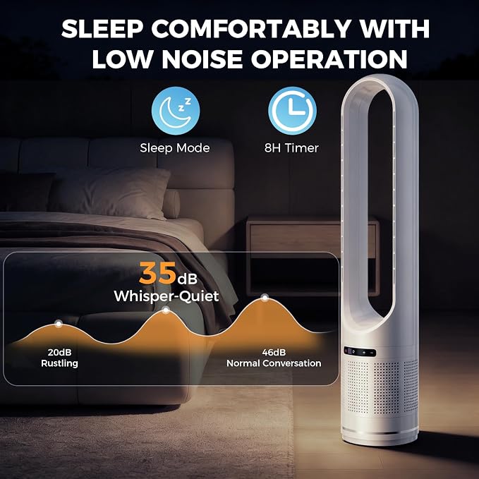 41" Bladeless Tower Fan with Built-in Air Filter, 80°Oscillating Quiet Fan for Bedroom, 8 Speeds, 8H Timer, Remote Control