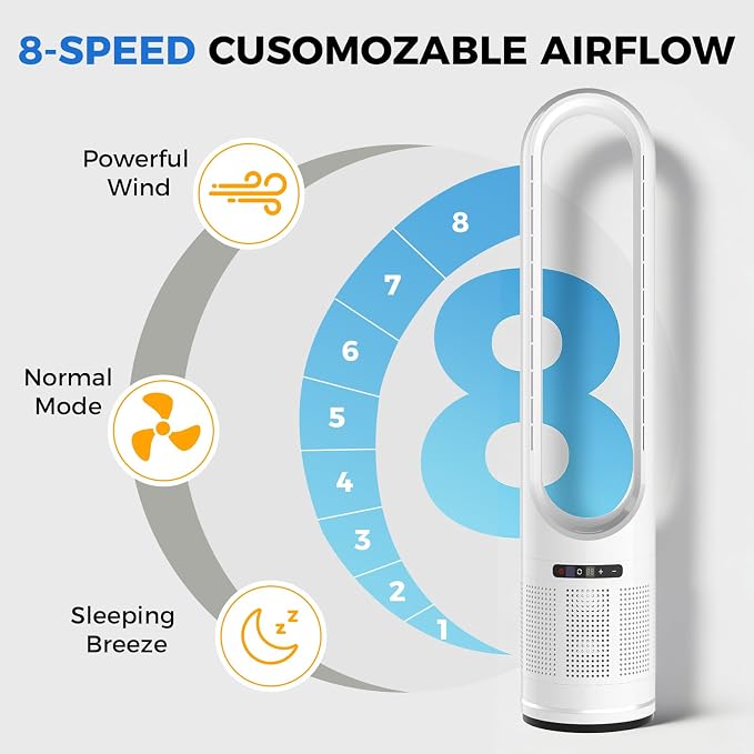 41" Bladeless Tower Fan with Built-in Air Filter, 80°Oscillating Quiet Fan for Bedroom, 8 Speeds, 8H Timer, Remote Control