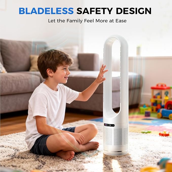 41" Bladeless Tower Fan with Built-in Air Filter, 80°Oscillating Quiet Fan for Bedroom, 8 Speeds, 8H Timer, Remote Control