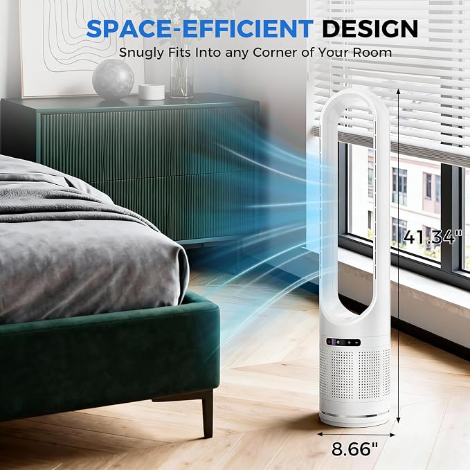 41" Bladeless Tower Fan with Built-in Air Filter, 80°Oscillating Quiet Fan for Bedroom, 8 Speeds, 8H Timer, Remote Control
