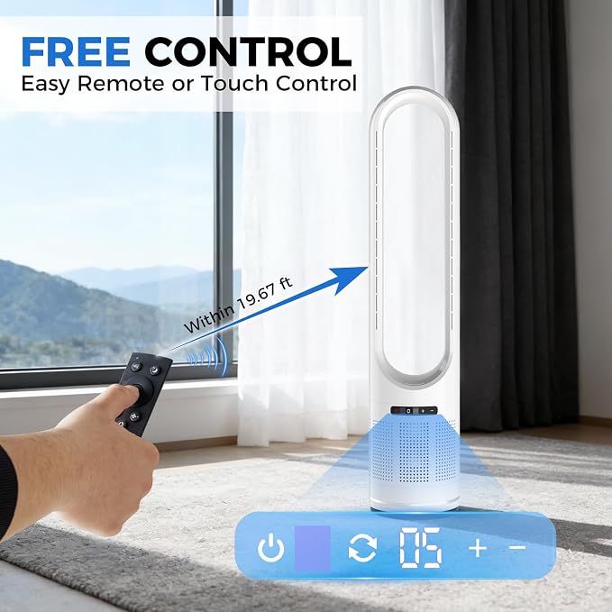 41" Bladeless Tower Fan with Built-in Air Filter, 80°Oscillating Quiet Fan for Bedroom, 8 Speeds, 8H Timer, Remote Control