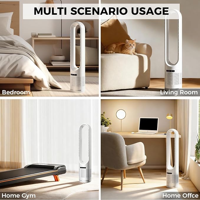 41" Bladeless Tower Fan with Built-in Air Filter, 80°Oscillating Quiet Fan for Bedroom, 8 Speeds, 8H Timer, Remote Control