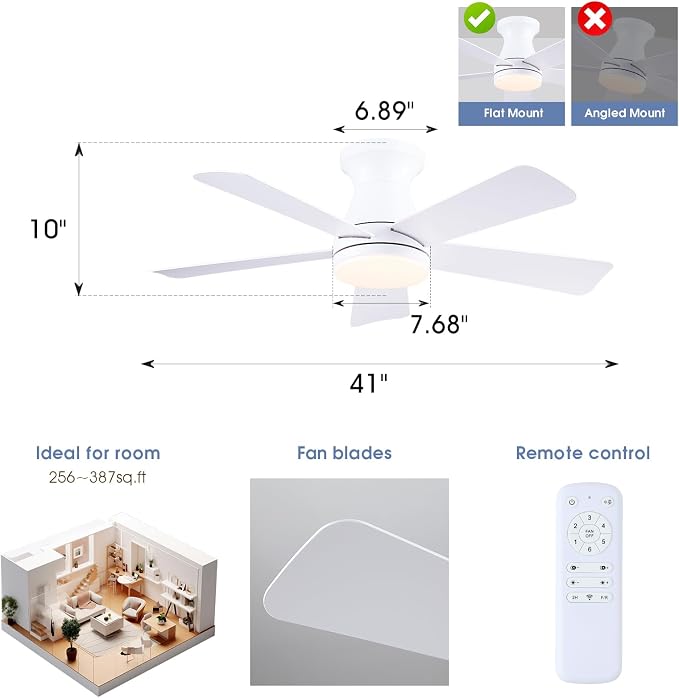 41" Low Profile Ceiling Fans with Lights and Remote, White Indoor Ceiling Fan Light with Quiet Reversible DC Motor,Modern