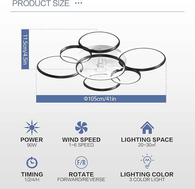41" Modern Ceiling Fan with Light, Flush Mount Celing Fan with Led Light and Remote Control for Living Room,Tri-Color Light