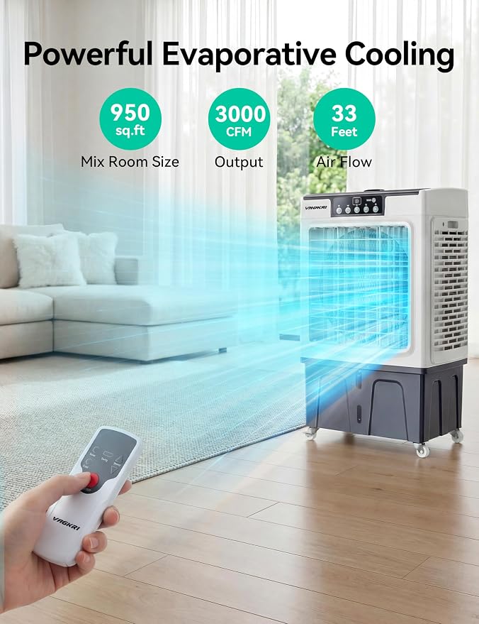 41" Swamp Cooler, 3100CFM Evaporative Air Cooler with 12 Gallon Water Tank, Portable Outdoor Air Conditioner with Remote