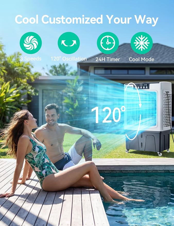 41" Swamp Cooler, 3100CFM Evaporative Air Cooler with 12 Gallon Water Tank, Portable Outdoor Air Conditioner with Remote