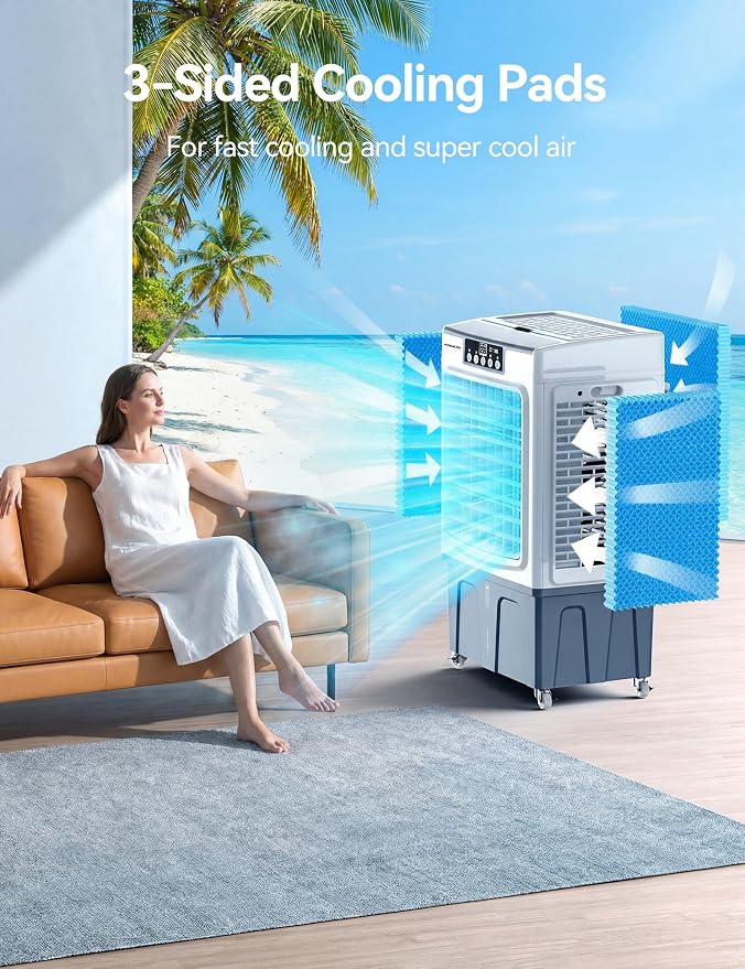 41" Swamp Cooler, 3100CFM Evaporative Air Cooler with 12 Gallon Water Tank, Portable Outdoor Air Conditioner with Remote