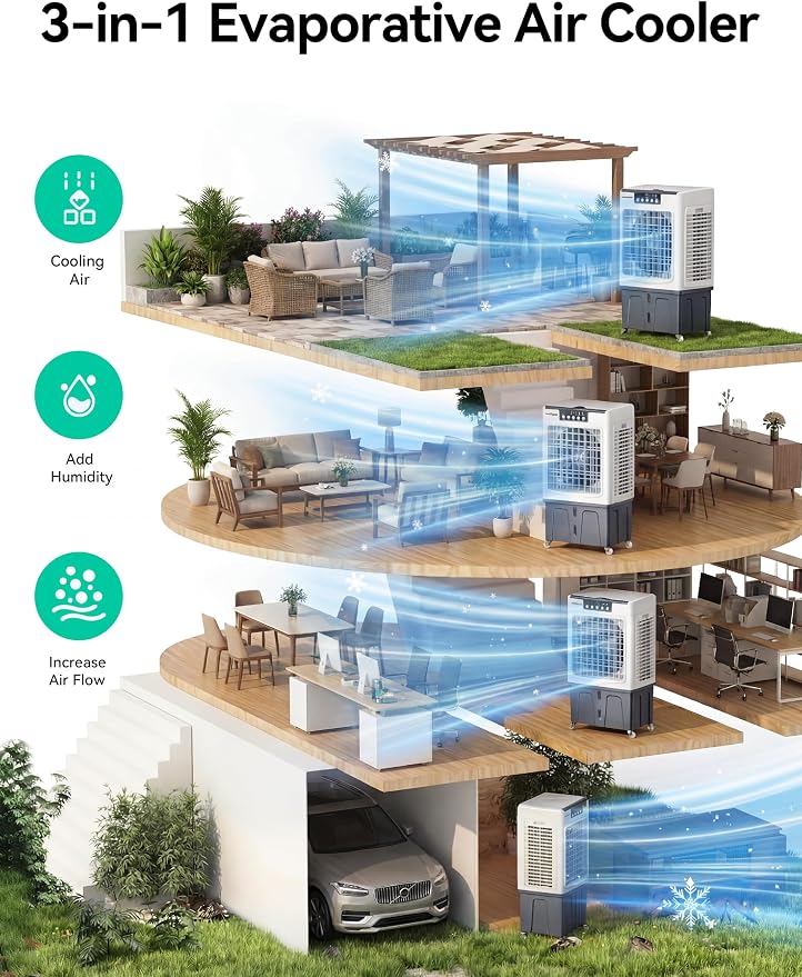 41" Swamp Cooler, 3100CFM Evaporative Air Cooler with 12 Gallon Water Tank, Portable Outdoor Air Conditioner with Remote