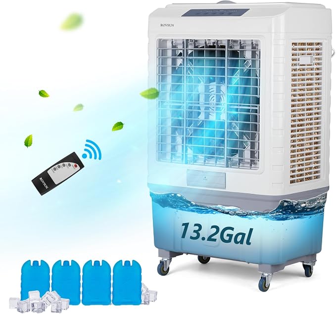 4100CFM Portable Air Cooler, 13.2Gal/50L Evaporative Swamp Cooler, 3-IN-1 Cooling Fan with Remote Control, 3 Speeds, 7.5H