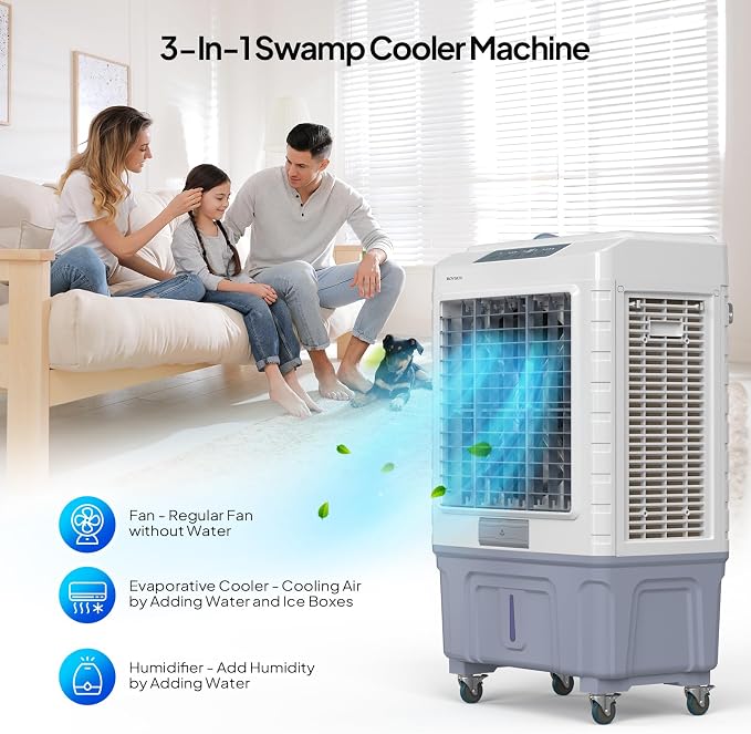 4100CFM Portable Air Cooler, 13.2Gal/50L Evaporative Swamp Cooler, 3-IN-1 Cooling Fan with Remote Control, 3 Speeds, 7.5H
