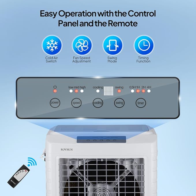 4100CFM Portable Air Cooler, 13.2Gal/50L Evaporative Swamp Cooler, 3-IN-1 Cooling Fan with Remote Control, 3 Speeds, 7.5H