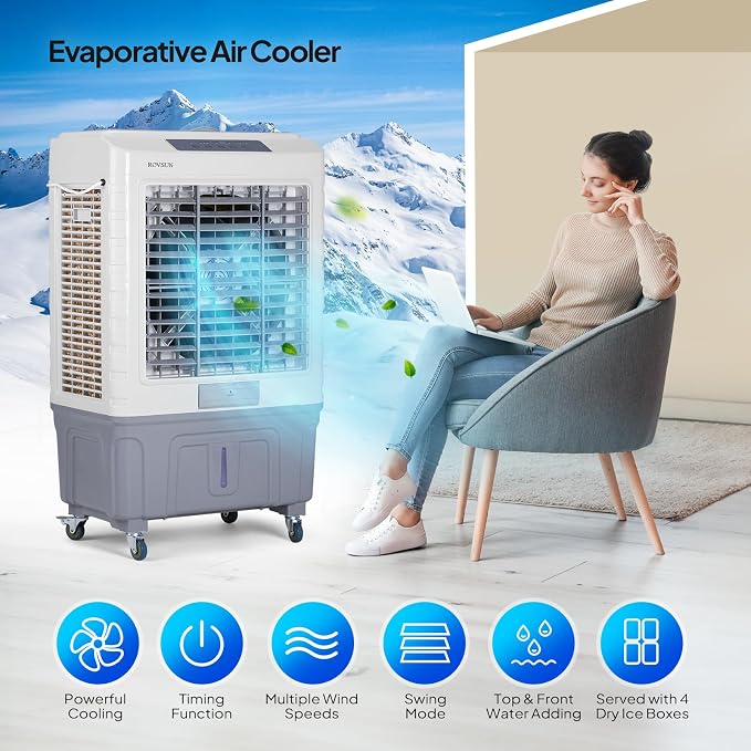 4100CFM Portable Air Cooler, 13.2Gal/50L Evaporative Swamp Cooler, 3-IN-1 Cooling Fan with Remote Control, 3 Speeds, 7.5H