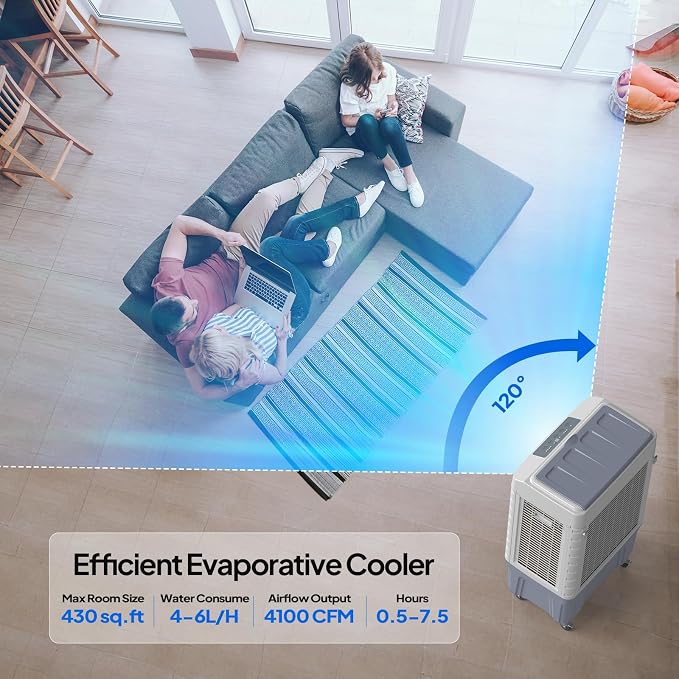 4100CFM Portable Air Cooler, 13.2Gal/50L Evaporative Swamp Cooler, 3-IN-1 Cooling Fan with Remote Control, 3 Speeds, 7.5H