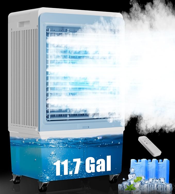 4129CFM Large Swamp Cooler with 11.7-Gal Water Tank,3-IN-1 Evaporative Air Cooler with Remote Control,4 Ice Packs,12H Timer