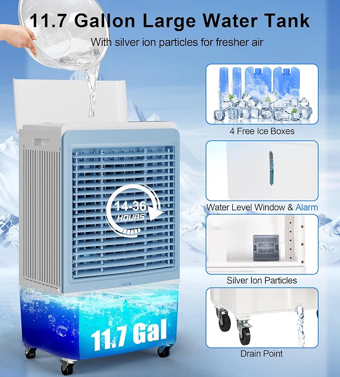 4129CFM Large Swamp Cooler with 11.7-Gal Water Tank,3-IN-1 Evaporative Air Cooler with Remote Control,4 Ice Packs,12H Timer