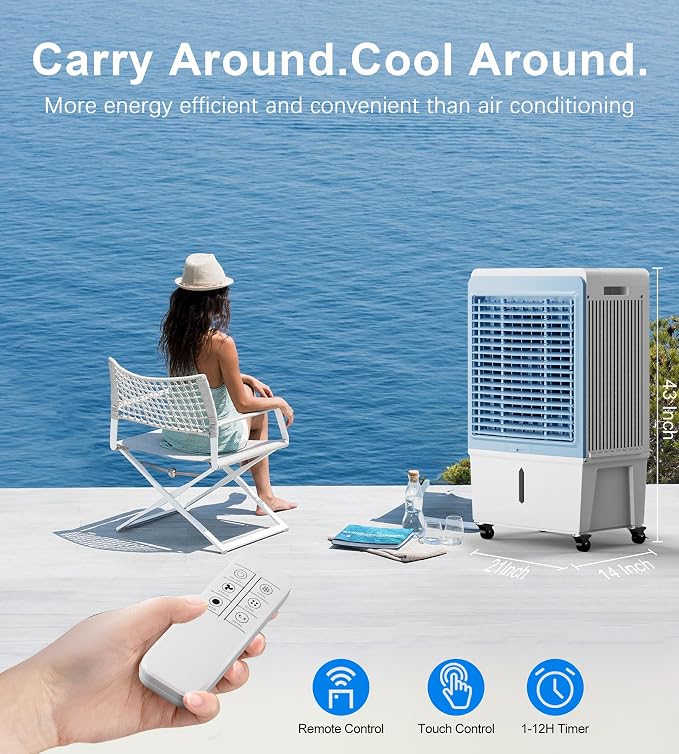 4129CFM Large Swamp Cooler with 11.7-Gal Water Tank,3-IN-1 Evaporative Air Cooler with Remote Control,4 Ice Packs,12H Timer