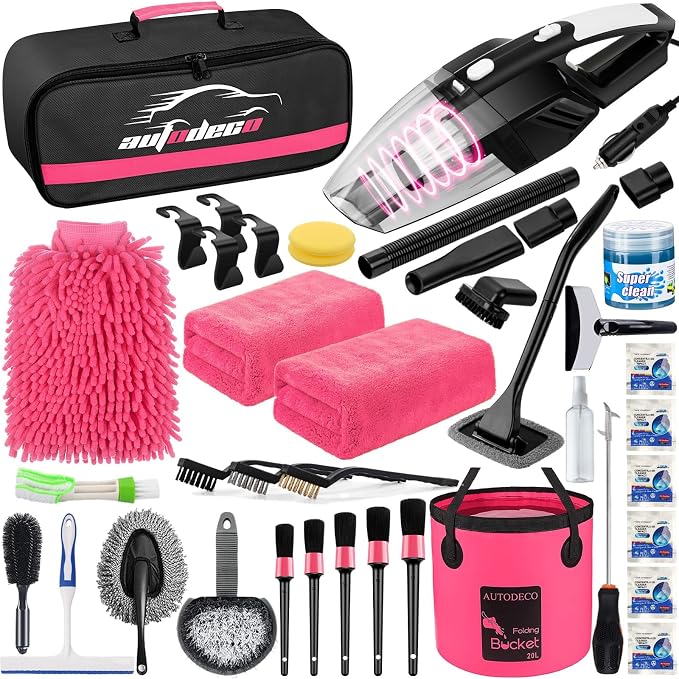 41Pcs Car Cleaning Wash Kit Interior Detailing Cleaner Kit with High Power Handheld Vacuum, Collapsible Bucket, Windshield
