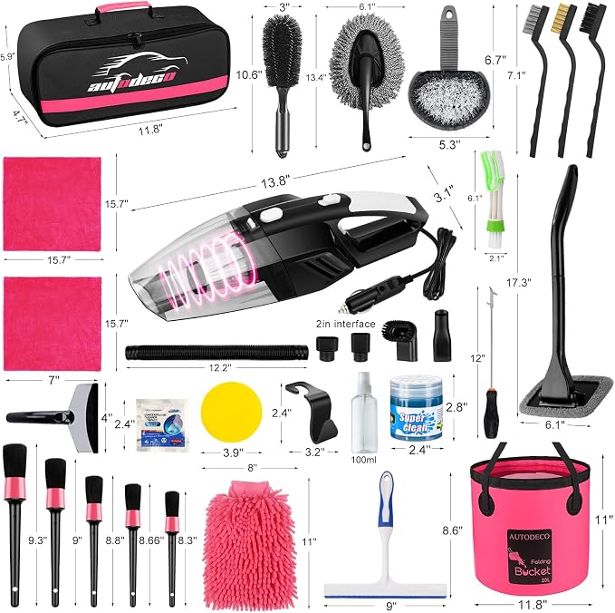 41Pcs Car Cleaning Wash Kit Interior Detailing Cleaner Kit with High Power Handheld Vacuum, Collapsible Bucket, Windshield
